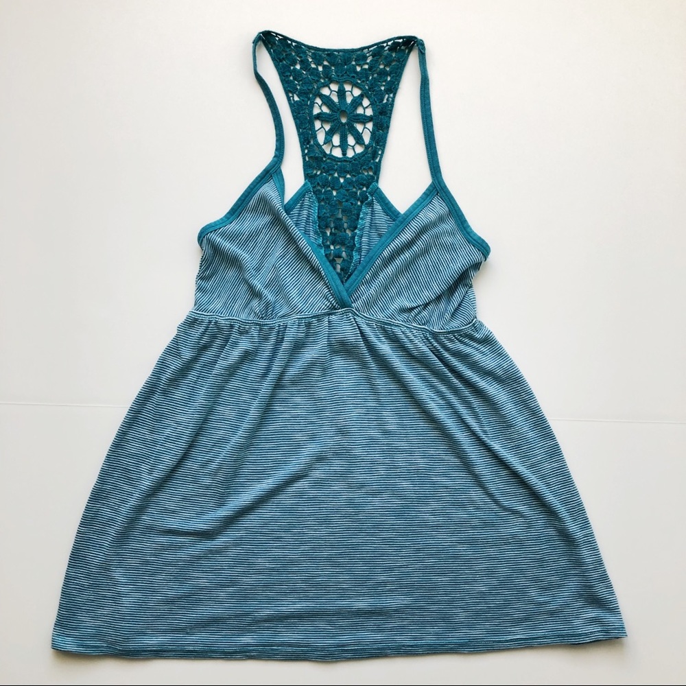 Teal tank top with back lace detail.